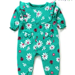 Babyoye Eco Conscious 100% Cotton Knit Half Sleeves Romper with Floral Print & Frill Detailing - Turquoise-image-89