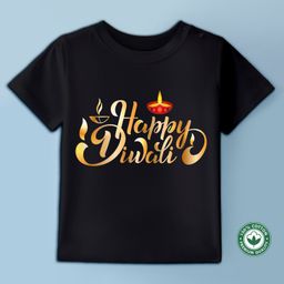 BLUSHES Diwali Theme 100% Cotton Half Sleeves Happy Diwali Text Printed Tee - Black-picture-7