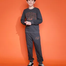 Lil Tomatoes Cotton Looper Full Sleeves Beverly Hills Text Printed Track Suit Sets - Charcoal Grey-image-6