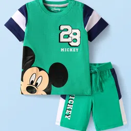 Babyhug Disney Single Jersey Knit Half Sleeves Cut & Sew T-Shirt & Shorts Set with Mickey Mouse Graphics - Green-picture-18