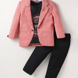 Dapper Dudes Full Sleeves Textured Blazer With Typography Printed Tee & Pant Set - Pink-image-3