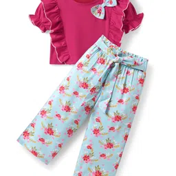 CrayonFlakes Cotton Half Puffed Sleeves Bow Applique Detailed Top & Floral Printed Belted Palazzo Set - Pink-picture-14