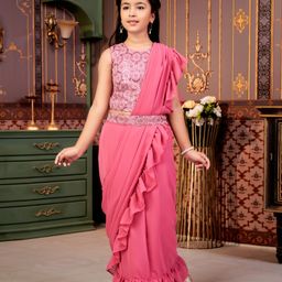 Aarika Georgette Sleeveless Floral Embroidered & Sequins Embellished Lehenga Choli With Attached Dupatta & Belt Set - Pink-picture-34
