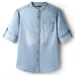 Pine Kids Denim Woven Manderin Collar Washed Full Sleeves Shirt - Light Blue-picture-12