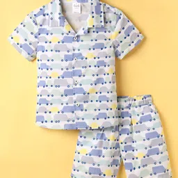 Simply Premium Poplin Woven Half Sleeves Co-Ord Shorts Night Suit with Car Print - Multicolor-image-69