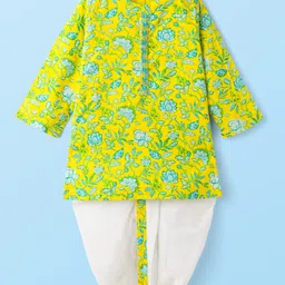 Babyhug Cotton Woven Full Sleeves Kurta Dhoti Set with Floral Print - Yellow-picture-22