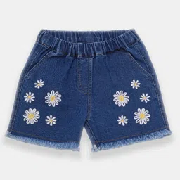 Creative Kids Denim Cotton Floral Embroidered Frayed Shorts - Navy Blue-picture-12