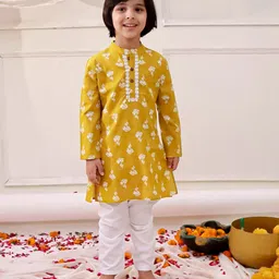 KID1 Cotton Woven Full Sleeves Floral Printed & Threadwork Embroidered Kurta Pyjama Set - Mustard-picture-27