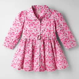 ToffyHouse Cotton Woven Full Sleeves Front Open Frock with Floral Print & Belt - Pink-image-55