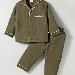 WOW Cotton Woven Full Sleeves Night Suit With Text Applique - Green-picture-14