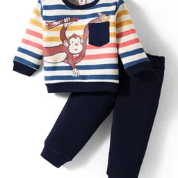 ToffyHouse Fleece Knit Full Sleeves Winter Wear T-Shirt & Joggers Set with Stripes & Animal Print - Navy Blue & White-picture-10