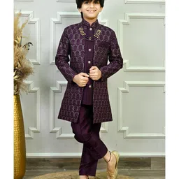 Ahhaaaa Jacquard Woven Full Sleeves Floral Embroidered & Sequins Embellished Sherwani Pant Set - Purple-picture-23