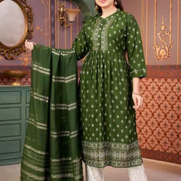 BAESD Girls Floral Printed Mandarin Collar A-Line Kurta With Trousers And Dupatta image 4