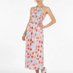 glitchez Peach & Blue Graphic Halter Neck Smocked A-Line Midi Dress-picture-18