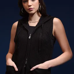 Tokyo Talkies Women Cable Knit Sleeveless Cardigan with Zip Detail-image-50