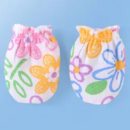 Babyoye 100% Organic Muslin Woven Cap Mitten & Booties Set with Floral Print White - Diameter 9.5 cm image 4