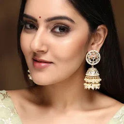 Rubans Gold-Toned Handcrafted Kundan White Pearls Jhumka Earrings image 1