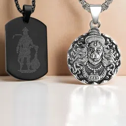 Uniqon Set Of 2 Hanuman Chalisa Gada Micro-Carved Plate & Coin Design Pendants with Chains-picture-48