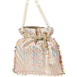 ODETTE Embellished Silk Embroidered Golden And Pastel Threads Potli Clutch image 3