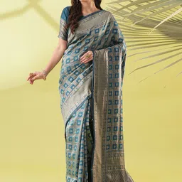 VILLAGIUS Woven Design Beads and Stones Silk Blend Ready to Wear Kanjeevaram Saree-image-53