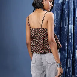 Taavi Pure Cotton Geometric Printed Tie-Ups Gathers Shoulder Straps Crop Ajrakh Top image 3