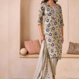 Sangria Embroidered Pure Cotton Round Neck Kurta & Trousers With Dupatta image 5