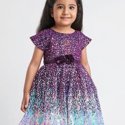 Babyhug Cap Sleeves All Over Sequined Party Frock - Wine-picture-14