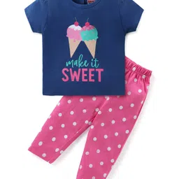 Babyhug Cotton Knit Half Sleeves Night Suit With Ice Cream Print - Navy & Pink-picture-12