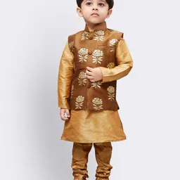 Vastramay Full Sleeves Solid Coordinating Kurta & Pyjama With Rose Motif Designed Nehru Jacket Set - Brown & Gold-picture-42
