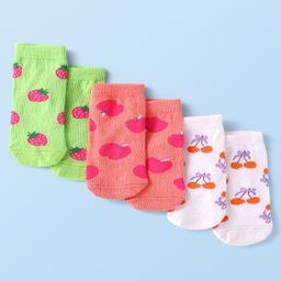 Cute Walk by Babyhug Knit Ankle Length Antibacterial Socks with Fruits Design Pack of 3 - Light Green Coral & White-picture-25