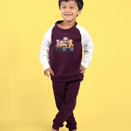 Orange Sugar Cotton Full Raglan Sleeves Jeep & Animals Printed Sweatshirt Joggers Set - Wine-picture-27