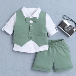 BUMZEE Cotton Knit Full Sleeves Solid Color 3 Piece Party Suit with Bow Applique - White & Green-picture-16