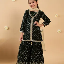 Pspeaches Georgette Three Fourth Sleeves Sequin Embellished Badhani Designed Kurta Sharara Set With Dupatta - Bottle Green-picture-14