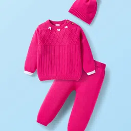 Babyhug Cotton Knit Full Sleeves Sweater Set with Bow Applique & Cap - Dark Pink-picture-14