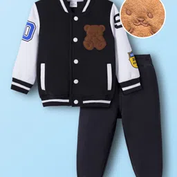 Mark & Mia Knit Full Sleeves Bomber Jacket & Lounge Pant Set With Teddy Bear Patch - Black-picture-23