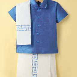 Dapper Dudes Half Sleeves Textured Shirt & Abstract Printed Mundu Lungi With Angavastram Set - Blue-picture-12