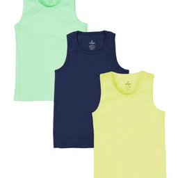 Kiddopanti Cotton Knit Pack of 3 Sleeveless Solid Vests - Yellow Navy Blue & Pista Green-image-42