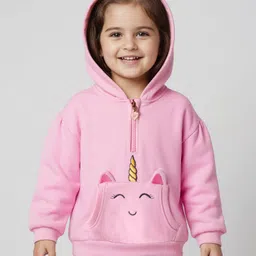 Babyhug Cotton Knit Full Drop Shoulder Sleeves Hooded Sweatshirt with Kangaroo Pocket & Unicorn Graphics - Pink image 2