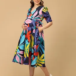 The Mom Store Women Tropical Printed V-Neck Midi Wrap Dress image 5