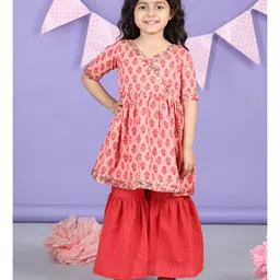 Kinder Kids Half Sleeves Striped & Floral Printed With Gota Lace Embellished Kurta & Sharara - Peach & Red-picture-18
