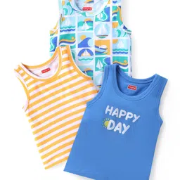 Babyhug 100% Cotton Knit Sleeveless Antibacterial Striped Sando Boat Print Pack of 3 - Multicolor-picture-29