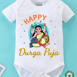 BLUSHES Durga Puja Theme 100% Cotton Half Sleeves Happy Durga Puja Printed Onesie - White-picture-37