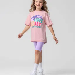 Primo Gino Cotton Knit Oversized Drop Shoulder T-Shirt & Cycling Shorts Set With Tropical Text Printed - Pink-image-42