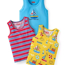 Babyhug 100% Cotton Knit Sleeveless Sandos with Stripes & Sea Life Print Pack of 3 - Light Blue & Yellow-image-75