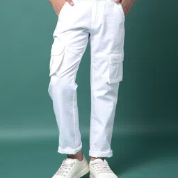 CRIMSOUNE CLUB Cotton Woven Solid Cargo Trousers - White image 1