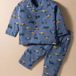 Zero Sinker Knit Full Sleeves Co-ords Night Suit With Vehicle Print - Blue-picture-37