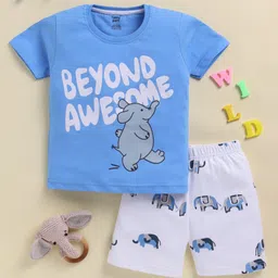 TOONYPORT Cotton Knit Half Sleeves Baby Elephant Printed Coordinating Tee & Shorts Set - Blue-image-20