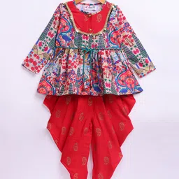 M'andy Rayon Woven Full Sleeves Peacock Printed & Sequins Embellished Kurti & Dhoti Set - Red-image-94