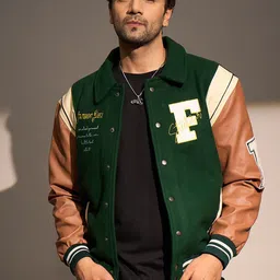 FUGAZEE Men Brand Logo Woollen Varsity Jacket with Patchwork-picture-37