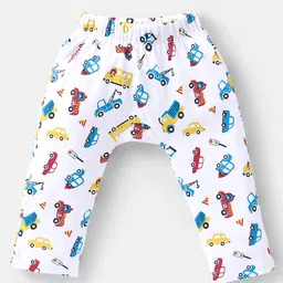 Babyhug Cotton Full Length Diaper Pants Striped & Vehicles Printed Pack of 3 - Blue & White image 2